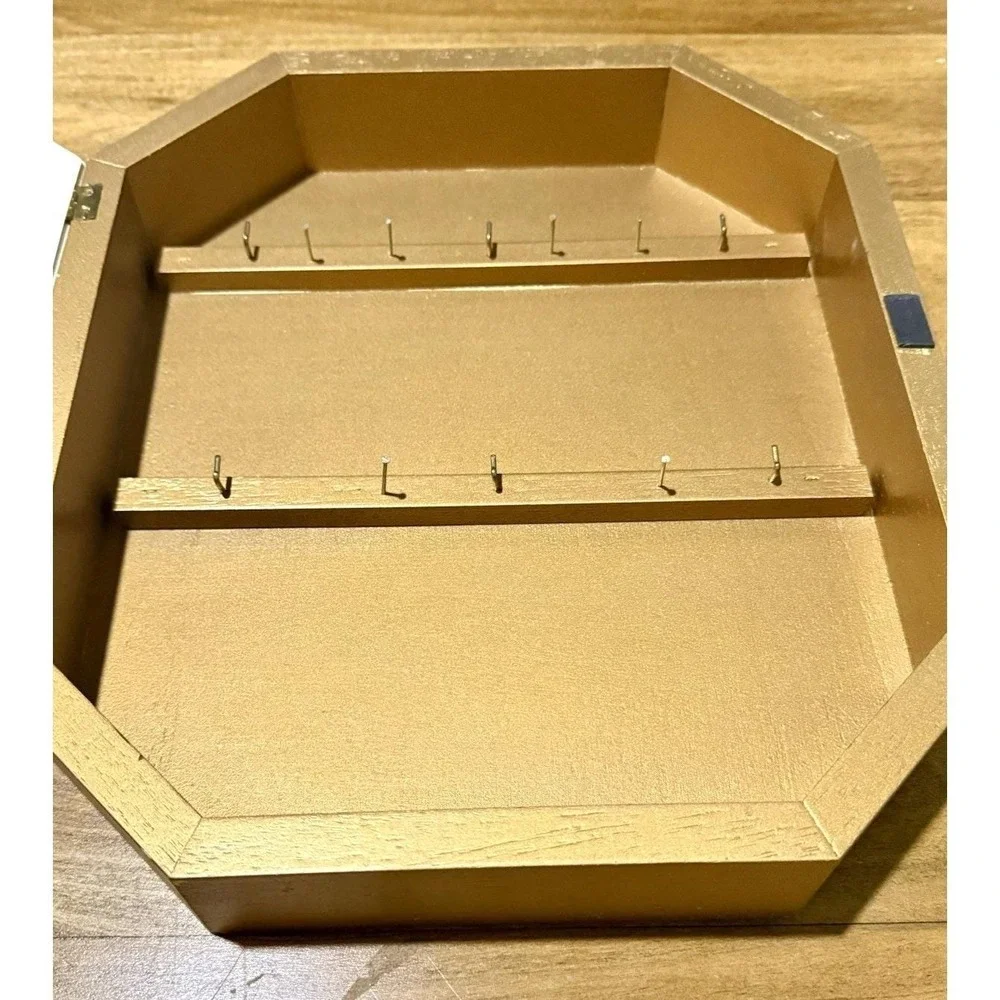 Vintage Italian Gold Mirror Jewelry Box Octagon Wall Cabinet Hidden Key Holder